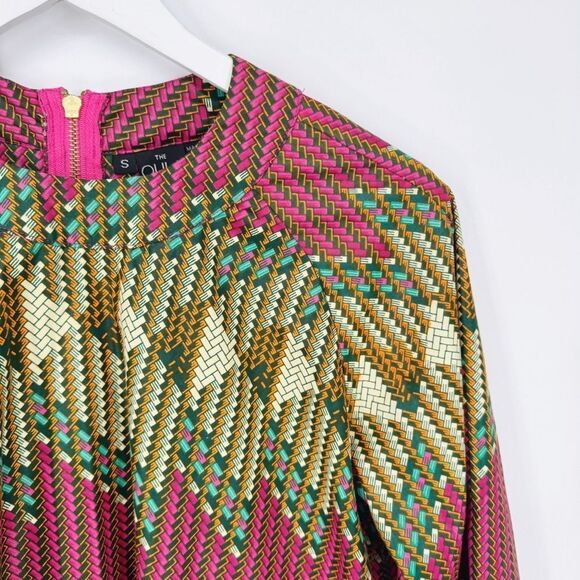 The Oula 3/4 Sleeve Trapeze Dress Pink Gold Green Geometric Print Rear Zip S - Picture 2 of 6